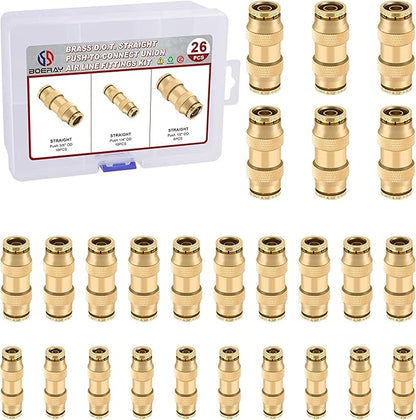 26pcs Quick Connect Brass DOT Air Line Fittings Straight Union 1/4” 3/8” 1/2” Tube Push to Connect Fittings Air Suspension Fittings Straight Air Brake Union Push Lock Pneumatic Air Hose Fitting