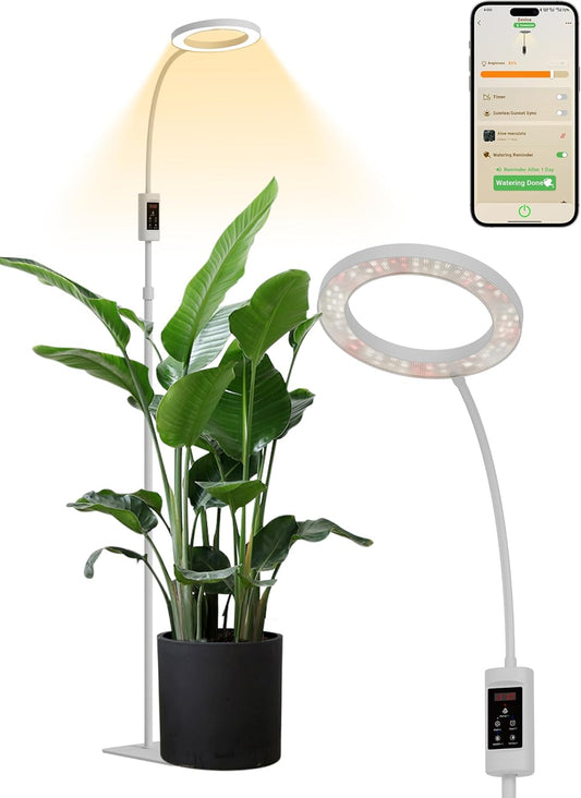 GLOWRIUM Smart Grow Lights for Indoor Plants, 24W Full Spectrum Plant Lights, Bluetooth App & Manual Control, Adjustable Height 47-70.9", Auto Timer, Indoor Plant Lamp for Tall Indoor Plants