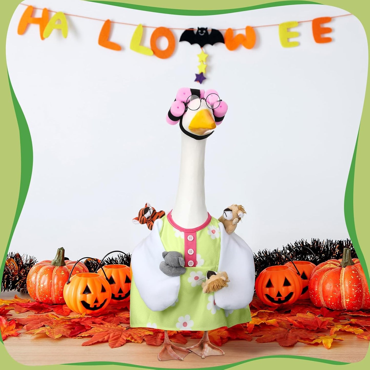 Suzile Funny Lady Porch Goose Outfit for 23'' Cement Goose Curler Wig Costume Glasses with Cute Animals for Halloween Christmas Parties Yard Lawn Outdoor Garden Patio Statue Xmas Santa Holiday Decor