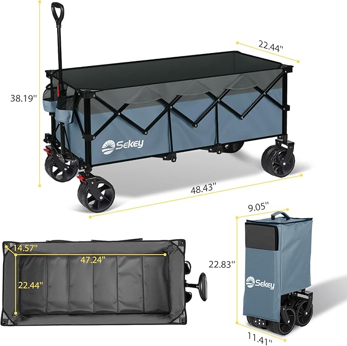 Sekey 48''L Collapsible Foldable Extended Wagon with 440lbs Weight Capacity, Heavy Duty 300L Folding Utility Garden Cart with Big All-Terrain Beach Wheels & Drink Holders. Blue&Grey