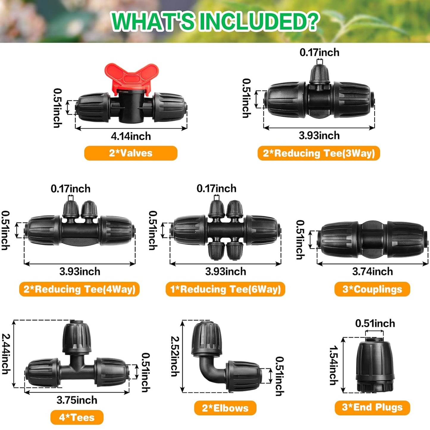 Drip Irrigation Fittings Kit for 1/2 Inch Tubing：1/2'' Drip Line Anti-drop Barbed Locked Nut Connectors 19 Pieces Set Include 3 Couplings 4 Tees 2 Elbows 2 Valves 5 Reducing Tee 3 Plugs