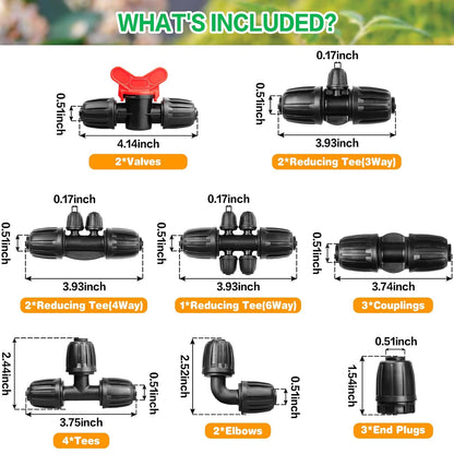 Drip Irrigation Fittings Kit for 1/2 Inch Tubing：1/2'' Drip Line Anti-drop Barbed Locked Nut Connectors 19 Pieces Set Include 3 Couplings 4 Tees 2 Elbows 2 Valves 5 Reducing Tee 3 Plugs