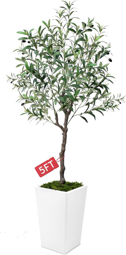 Olive Trees Artificial Indoor 5ft, Tall Faux Silk Plant with Pot, Realistic Leaves and Natural Wood Trunk Fake Trees with Lifelike Fruits for Home Office Decor Bedroom Livingroom Entryway Housewarming