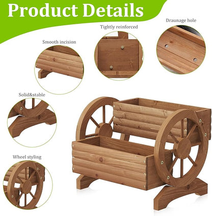 Wooden Wagon Planter Outdoor Flower Cart with Wheels Garden Planter, Decor Planter for Patio Balcony Decoration Succulent Flower Pot for Indoor Backyard Balcon Yard Decor planters for Outdoor Plants