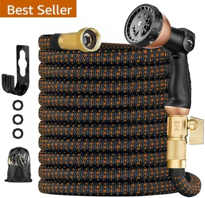 50 ft Expandable Garden Hose - Kink Free Flexible Water Hose with Thumb-Controlled 10-Function Nozzle, 3/4 Solid Brass Connectors, Retractable Latex Core - Lightweight Expanding Hose