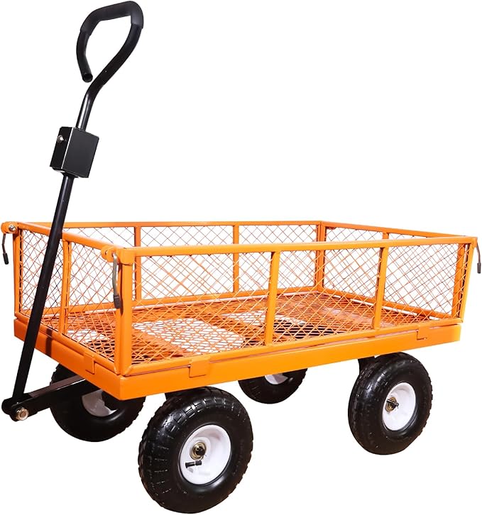 AAIN 1000 lbs Metal Garden Cart, Heavy Duty Garden Wagon with Removable Steel Mesh Sides, Utility Yard Carts with 180° Rotating Handle with 10 inch Wheels, 4cu.ft Load Capacity Outdoor Wagons