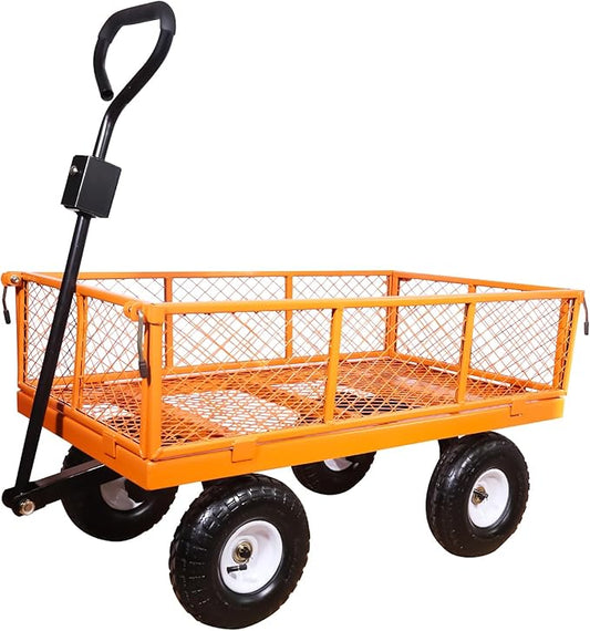 AAIN 1000 lbs Metal Garden Cart, Heavy Duty Garden Wagon with Removable Steel Mesh Sides, Utility Yard Carts with 180° Rotating Handle with 10 inch Wheels, 4cu.ft Load Capacity Outdoor Wagons