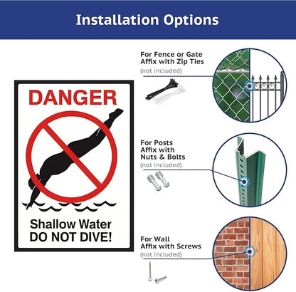 Shallow Water Do Not Dive No Diving Allowed Tinplate Pool Sign - Splash-Proof Outdoor Metal Decor for Backyard Safety & Pool Rules