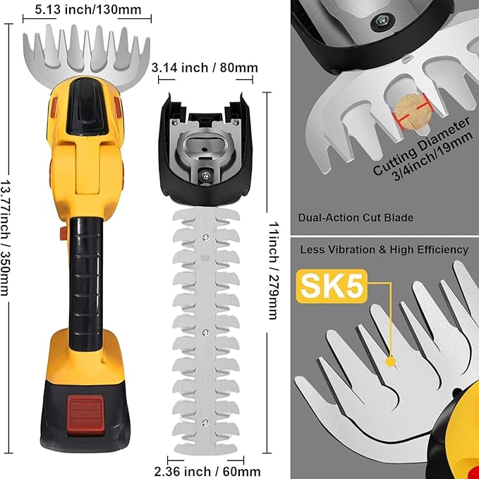 24V Cordless Hedge Trimmer & Grass Shear, 2 in 1 Handheld Shrubbery Trimmer Electric Grass Trimmer, Lightweight & Safe Grass Cutter/Hedge Shear with 2 Pcs Rechargeable Batterys and Charger