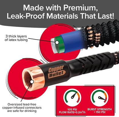 Pocket Hose Copper Bullet Expandable Garden Hose 50 FT w/10 Pattern Thumb Spray Nozzle AS SEEN ON TV 650psi 3/4 in Patented Lead-Free Ultra-Lightweight Solid Copper Anodized Aluminum Fittings No-Kink