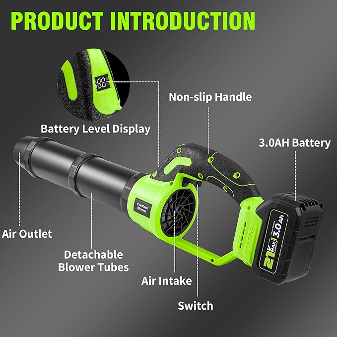 Cordless Electric Leaf Blower, 21V Small Handheld Leaf Blower with 2X 3.0Ah Battery and Charger, Mini Lightweight 480CFM Blower with Infinite Speeds for Lawn Care, Yard, Deck, Patio, Leaves, Dust