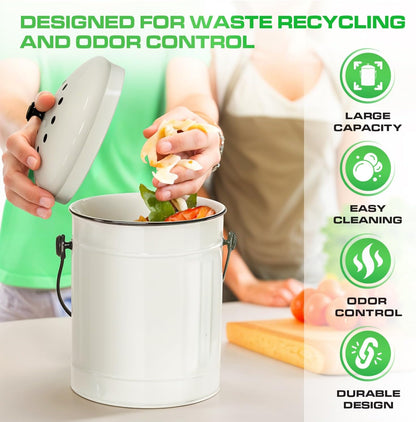 Plexon Countertop Compost Bin Kitchen Indoor with Lid, Off-White 1.5 Gallon Odorless Container, Steel Food Compost Bucket for Kitchen with Charcoal Filter, Compost Pail Countertop
