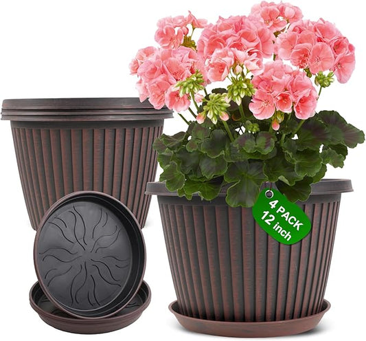Large-Planter-Indoor-Outdoor Plant Pots, 12 inch 4 Pack Plastic Flower Pots with Saucer and Drainage Holes, Modern Garden Planters for Planting Medium Large Plants， Decorative Resin Garden Pots