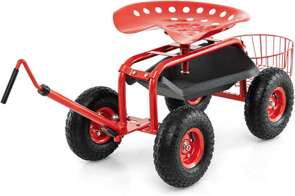 Goplus Rolling Garden Seat with Wheels, Outdoor Gardening Scooter with 360° Swivel Seat, Tool Tray & Basket, Adjustable Steering Handle for Lawn, Gardening Stool, Garden Cart for Planting