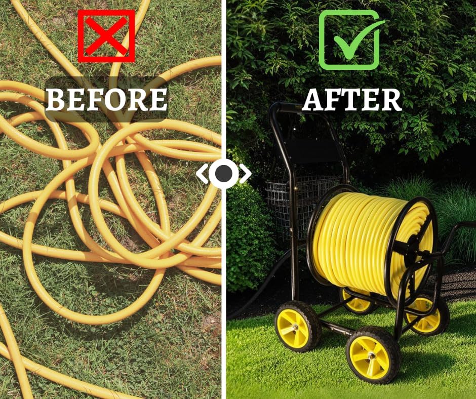 Heavy Duty Hose Reel Cart, Commercial Hose Reel with Wheels, Outdoor Water Hose Cart for Backyard, Farm & Ranch, or Contractor Use, Metal Hose Carts (4-Wheel, 400ft Capacity)