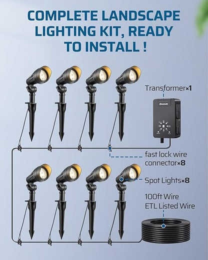 DEWENWILS 12V Landscape Lighting kit, 1x60W Transformer with Timer+8x3.2W Aluminum LED Low Voltage Landscape Spotlight Lights, 100FT Wire+8 Pack Connector for Patio Yard Garden