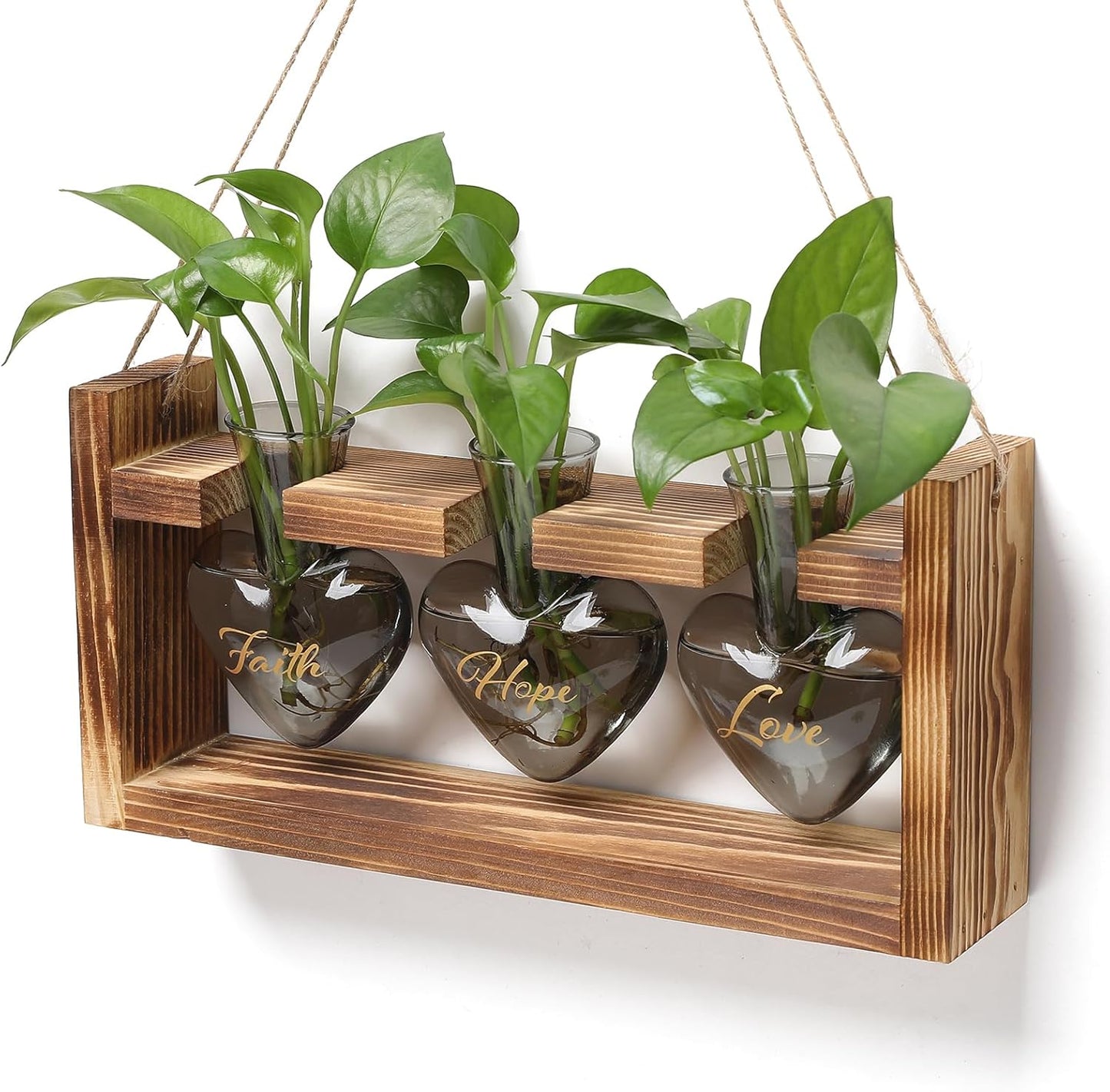 Plant Terrarium Propagation Stations Faith Hope Love Hydroponics Home Garden Decoration Gift for Women with Wooden Stand Heart Shaped Colored Glass Vase