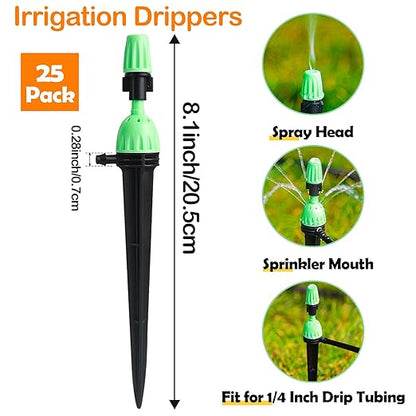 Drip Irrigation Emitters for 1/4" Irrigation Tubing, 25 Pack Integrated Drip Irrigation Stream Emitters & Adjustable Atomizing Nozzles with Stake Adjustable 360 Degree Water Flow Sprayer