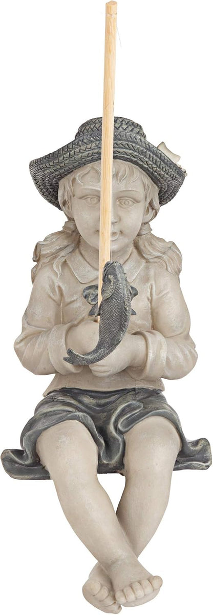 Design Toscano Big Catch Fisherwoman Nellie Girl with Fishing Pole Garden Statue, Medium 17 Inch Tall, Cast Stone Resin, Two Tone Stone Finish
