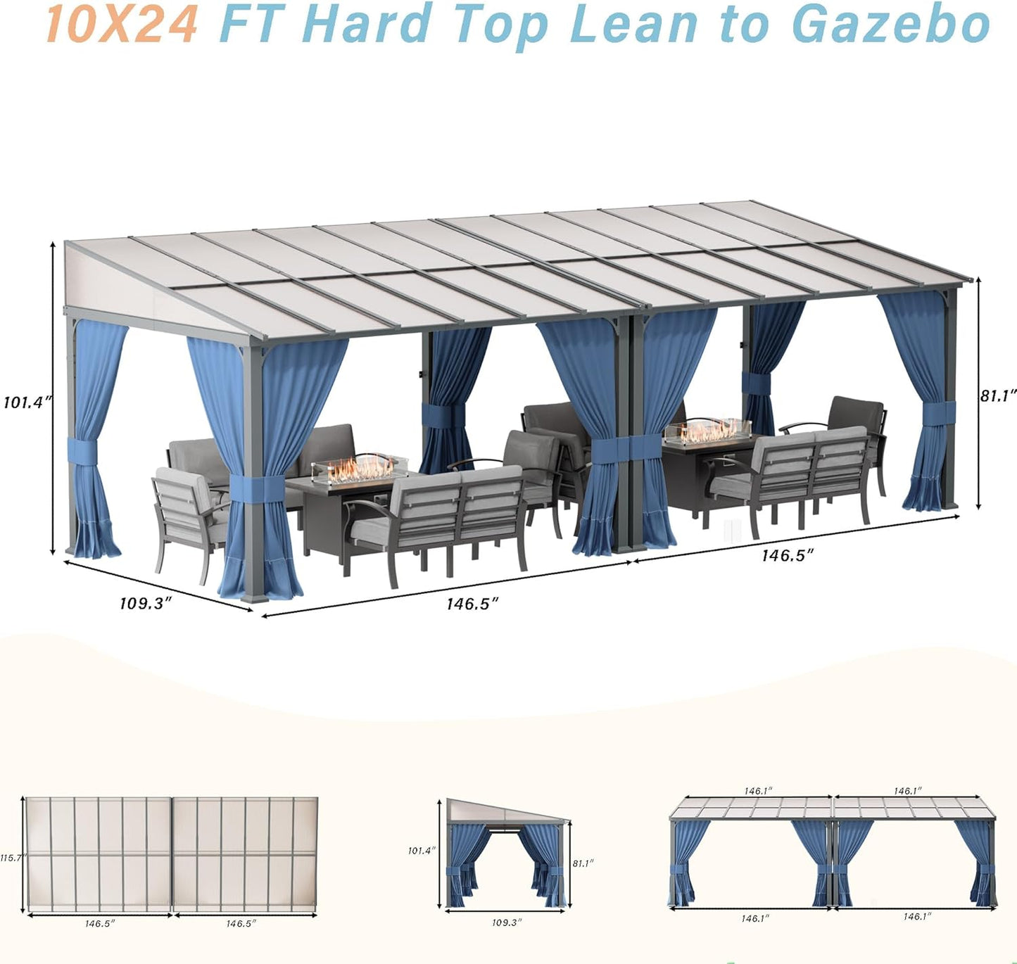 10' x 24' Gazebo，Hard Top Lean to Gazebo Wall Mount Heavy Hardtop Gazebos Outdoor Pergola with Curtains and Netting for Patio Garden Lawn Backyard Deck (Navy)