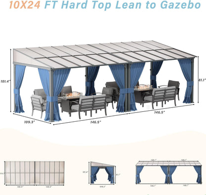 10' x 24' Gazebo，Hard Top Lean to Gazebo Wall Mount Heavy Hardtop Gazebos Outdoor Pergola with Curtains and Netting for Patio Garden Lawn Backyard Deck (Navy)