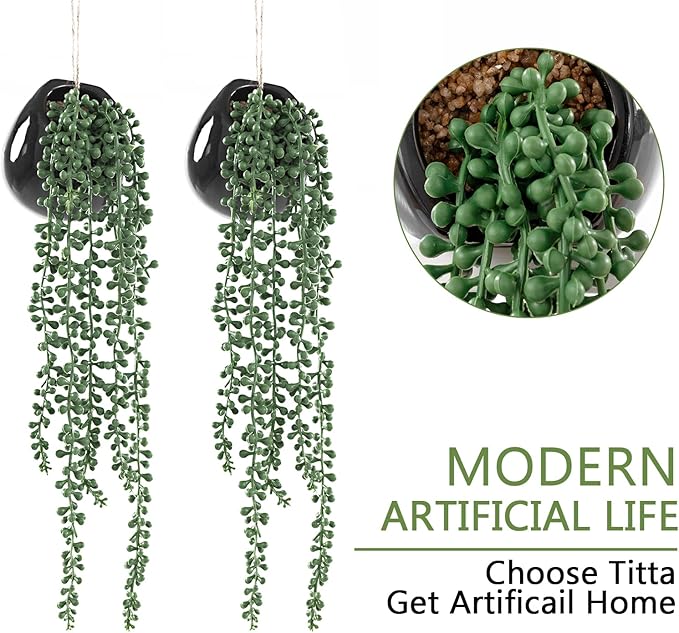 Tiita Artificial Hanging Plants, Faux Succulents in Pots, Realistic String of Pearls Plants for Home Office Accessories Window Sill Bathroom Bedroom Fake in Black Ceramic Pots, Set of 2