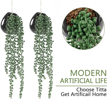 Tiita Artificial Hanging Plants, Faux Succulents in Pots, Realistic String of Pearls Plants for Home Office Accessories Window Sill Bathroom Bedroom Fake in Black Ceramic Pots, Set of 2