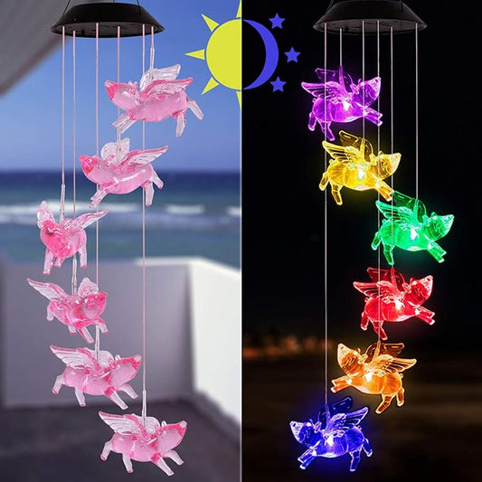 ME9UE Color Changing Flying Pigs Wind Chimes Gifts Portable Waterproof Mobile Romantic Fly Pigs Windchime, LED Solar Pig Wind Chimes Lights Gift for Mom, Festival, Patio, Garden, Outdoor Decoration