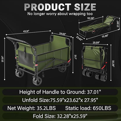 LEVELEVE Heavy Duty Folding Wagon - 2-in-1 Collapsible Cart, 650lb Capacity, All-Terrain Wheels w/Brakes & Side Pockets (Army Green)