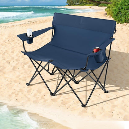 Goplus Double Camping Chair, Oversized Heavy Duty Camping Loveseat for Adults, Portable Folding 2 Person Camping Chair with Cup Holder for Outdoor Lawn Beach Backyard