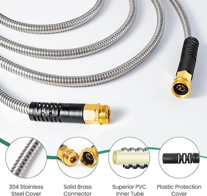 Cesun Short Garden Hose 3 feet, Metal Leader Water Hose, Heavy Duty and Lightweight Stainless Steel Water Pipe for RV, Outdoor, Yard, Lawn, 3ft x 5/8", Female to Male