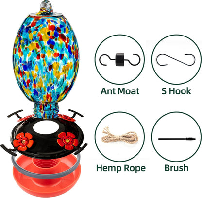 Muse Garden Glass Humming Bird Feeders for Outdoors - 27OZ Blown Glass Hummingbird Feeder - Unique Gift for Mom Women Grandparents, Outdoors Hanging Garden Decor, Ant Moat & Brush, Blue Polka Dots