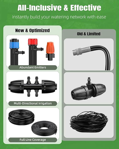 Pawfly 240 ft Drip Irrigation System for Garden, Drip Irrigation Kit with 40ft 1/2" & 200ft 1/4" Tubing Adjustable Emitters Fittings and Accessories, Garden Watering System for Greenhouse Lawn Yard