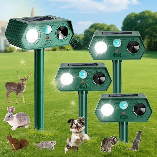 4Pack 2025 Ultrasonic Animal Repellent Outdoor Deer Repellent Devices Solar Animal Repeller Motion Activated Deterrent to Scare Cat Squirrel Rabbit Raccoon Skunk with LED Flash Lights for Yard Lawn