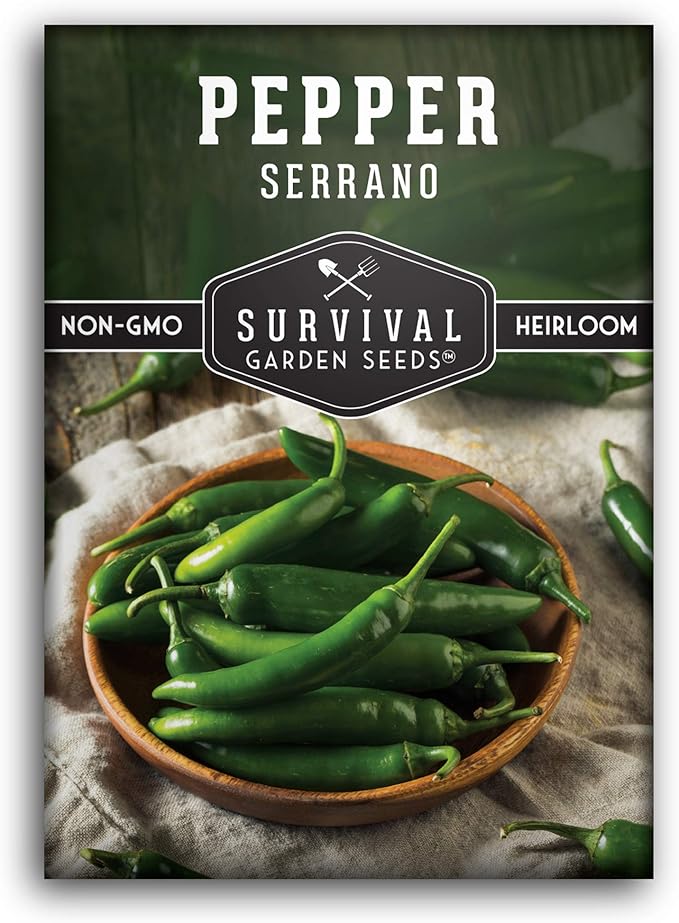 Mexican Serrano Pepper Seeds for Planting | Fresh Hot Chili & Green Hot Pepper Seeds – Hot Heirloom Non‑GMO Variety for Sauce, Pickling & Salsa – Survival Garden Seeds (1 Pack)