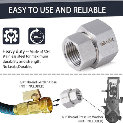 2 Pcs Stainless Steel Garden Hose Fittings Connectors Adapter,3/4" GHT to 1/2" NPT Repair Female to Female Double dual water hose connector, Lead-Free (Pack of 2)