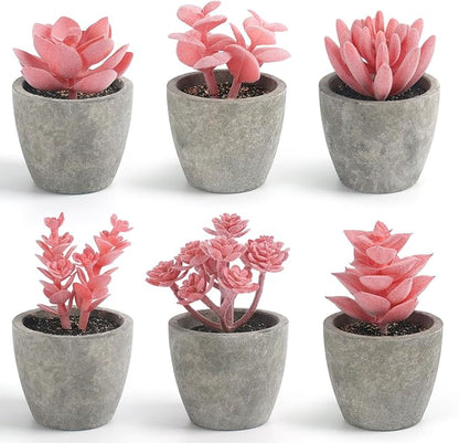 DomeStar 6PCS Small Fake Succulents Plants, Pink Artificial Plants Office Living Room Kitchen Bathroom Decor Desk Decor for Women
