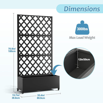 Metal Planter Box with Trellis & Wheels, Raised Garden Bed with Privacy Screen, Outdoor Standing Flower Beds with Drainage Hole for Climbing Plants, Vine, 35.4" L x 15.7" W x 70.9" H, Black