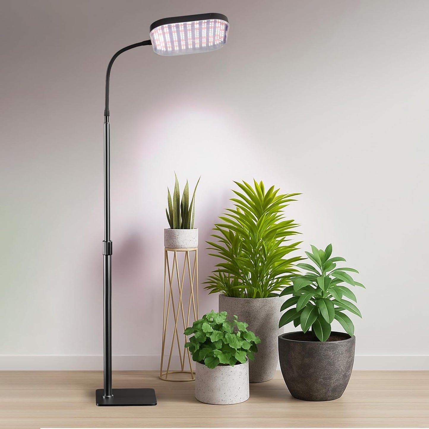 Square Grow Light for Indoor Plants, 336 LEDs 6000K Full Spectrum 12V 3A High Power Floor Plant Light with Stand for Indoor Large Tall Plants Faster Growing, 4/8/12H Timer & Height Adjustable 16-29"