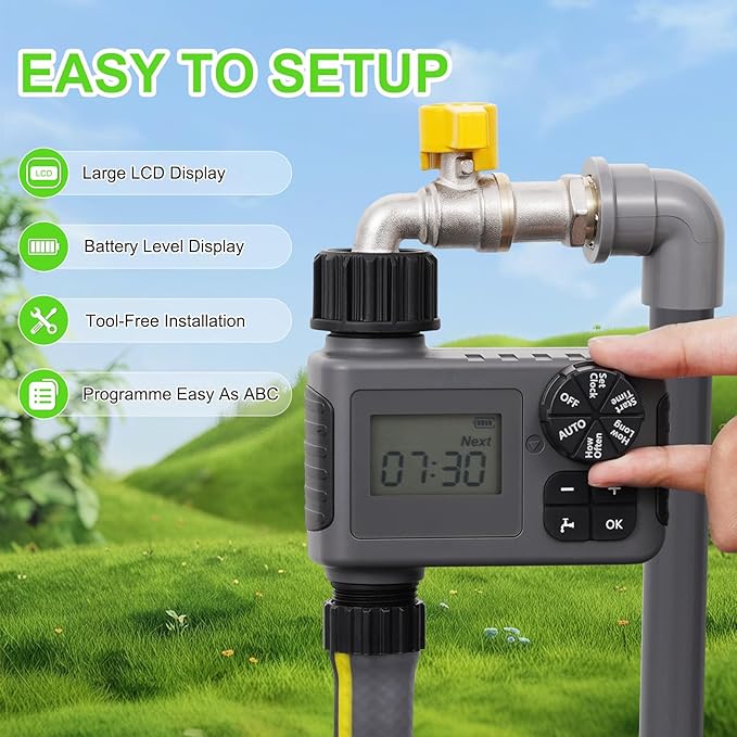 Sprinkler Timers, Water Timer, Programmable Garden Hose Timer with Rain Delay, Manual& Automatic Watering System, Waterproof Digital Irrigation Controller for Yard, Lawn, Pool, 1 Outlet