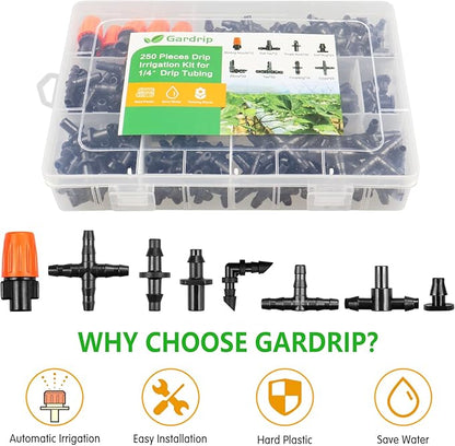 250 Pcs Drip Irrigation Fittings Kit for 1/4" Tubing：Gardrip 1/4 Inch Drip Irrigation Barbed Connectors (Nozzles, Nozzle Tees, Single Barbs, Couplings, Tees, Elbows, Plugs, Crosses) for Garden Systems