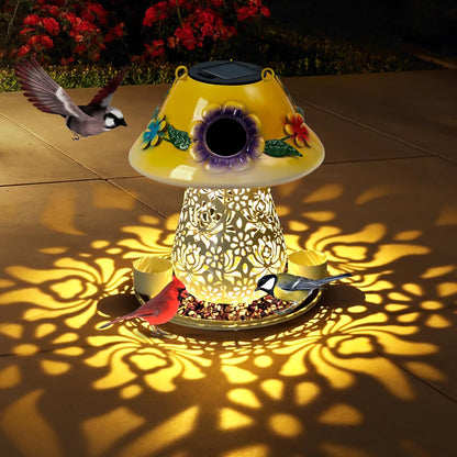 Mushroom Solar Bird Feeders for Outdoors Hanging Metal Wild Bird Feeder Garden Lantern with S Hook for Garden Decoration Yellow