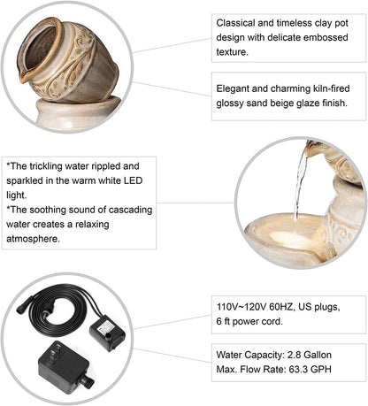 Glitzhome 27.25" H Outdoor Garden Water Fountain with LED Lights and Pump, 4 Tier Sand Beige Embossed Pattern Ceramic Pots Cascading Floor Standing Fountain for Porch Deck Patio Backyard Decoration