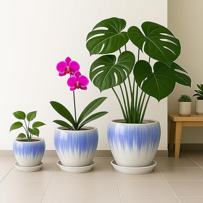 Deep Dream 8 Inch Plant Pots- Ceramic Pots for Plants with Drainage Hole and Saucer, Large Planter Pot for Indoor Plants Outdoor Decor, White&Blue