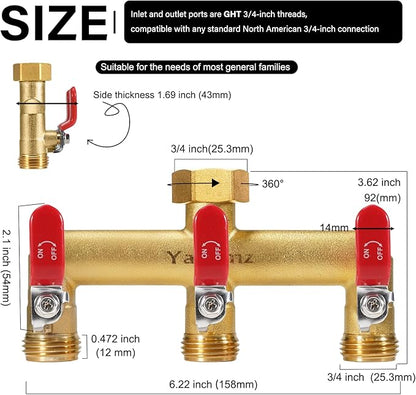 Garden Hose Splitter, 3/4” Rust and Freeze Resistant Outdoor Hose Manifold with 3 Red Extra Long Handles Faucet Adapter-Heavy Duty Brass 3-Way Valve
