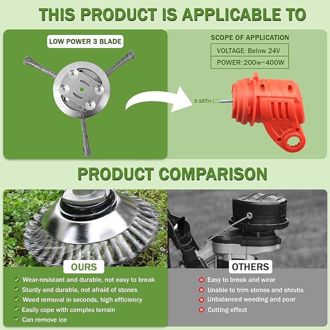 Steel Wire Grass Trimmer Head, Upgrade Bold 2.3 Times Prevent Breaking Steel Wire Weed Eater Head, for Low-Power Lithium Battery Weed Trimmers, 6 Inch Wire Weed Trimmer Head（Low Power 3 Blade）