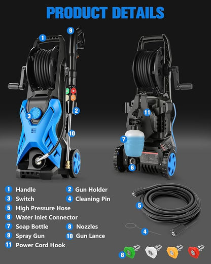 Pressure Washer, 2.8 GPM High Power Washer Adjustable Pressure 2500PSI-5000PSI with 33FT Extension Hose Reel, 4 Nozzles and Soap Bottle for Cars/Fences/Driveways