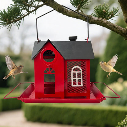 Solar Bird Feeder House for Outdoors – Red Metal Hanging Bird Feeder with Solar Light, Decorative Bird House Feeder for Cardinals, Finches, and Wild Birds, Weatherproof Backyard Garden Decor