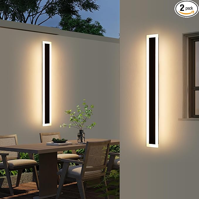 Upgrade Widened 2 Pack 47.2inch Modern Outdoor Wall Sconce, Black Long LED Wall Light, 3000K Warm White, IP65 Waterproof, White Acrylic, 41W, Exterior Lighting Fixture for Balcony, Yard, Garage