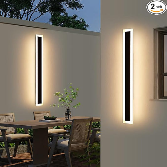 Upgrade Widened 2 Pack 47.2inch Modern Outdoor Wall Sconce, Black Long LED Wall Light, 3000K Warm White, IP65 Waterproof, White Acrylic, 41W, Exterior Lighting Fixture for Balcony, Yard, Garage